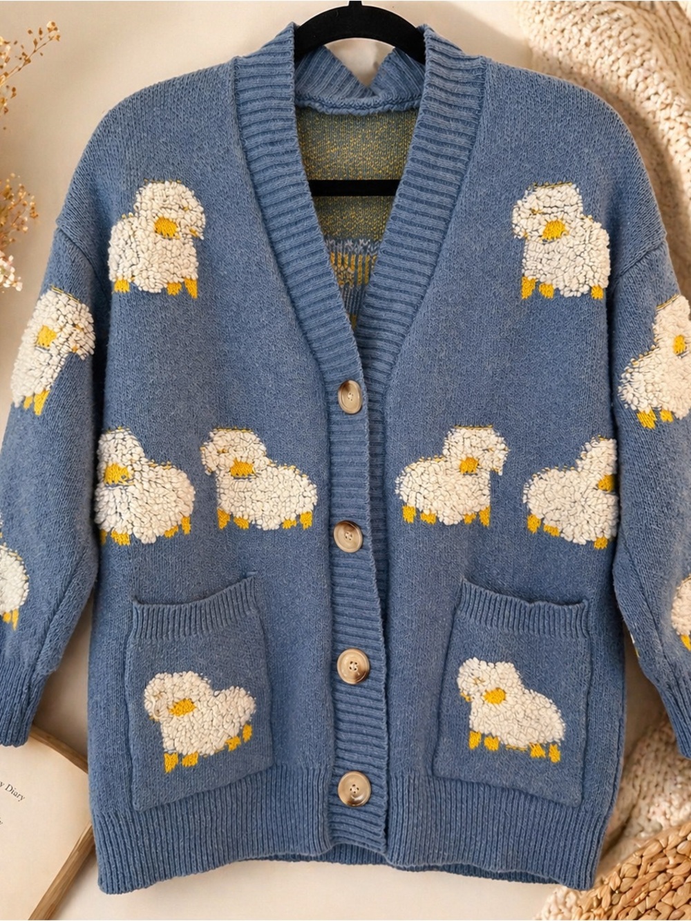 Blue Sheep Cardigan Chunky Knit Button Front Cottagecore Sweater